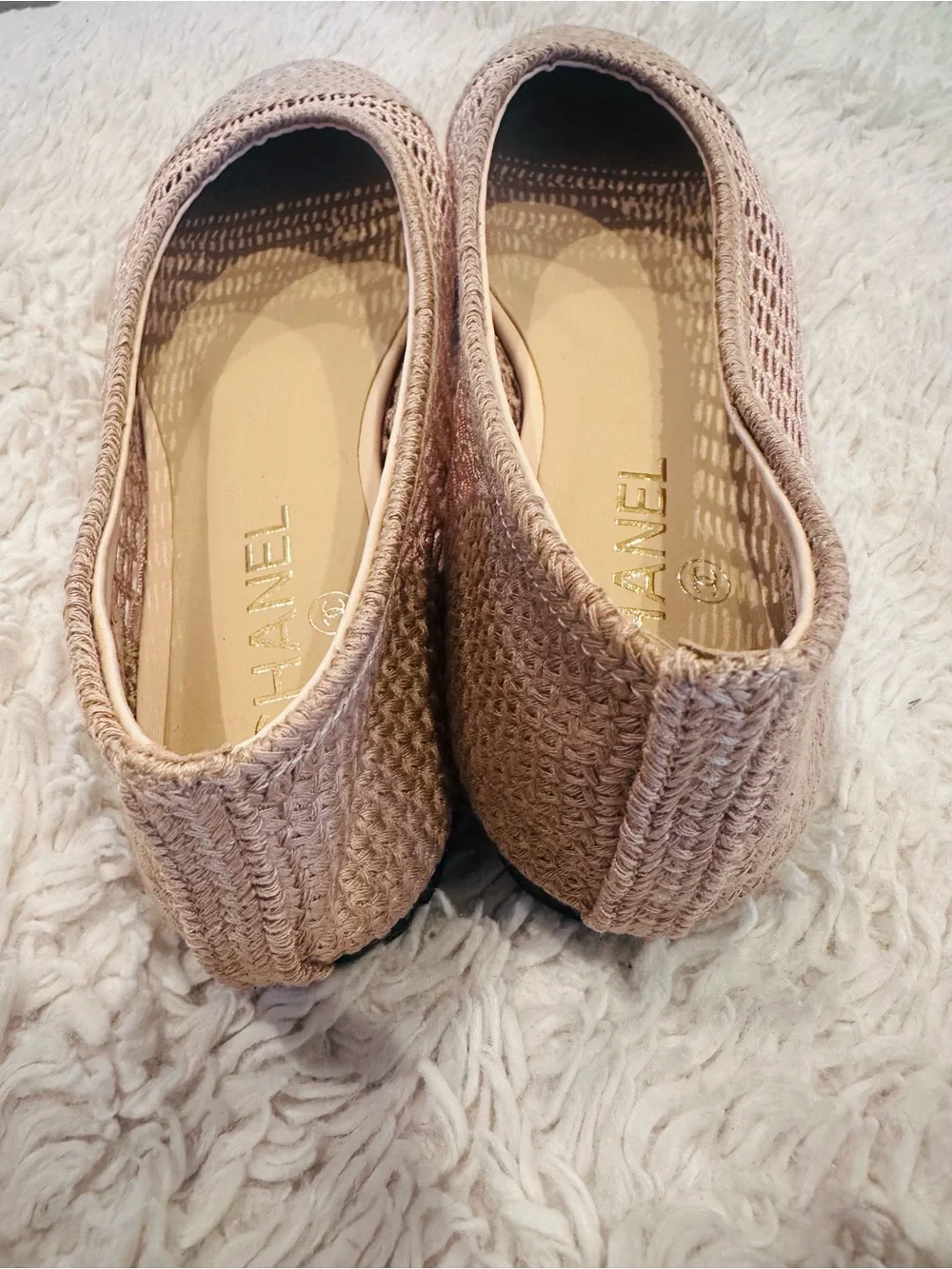 CHANEL Beige Crochet CC Logo Ballet Flats